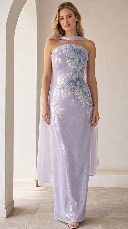 Lavender floral applique sequin evening gown front view