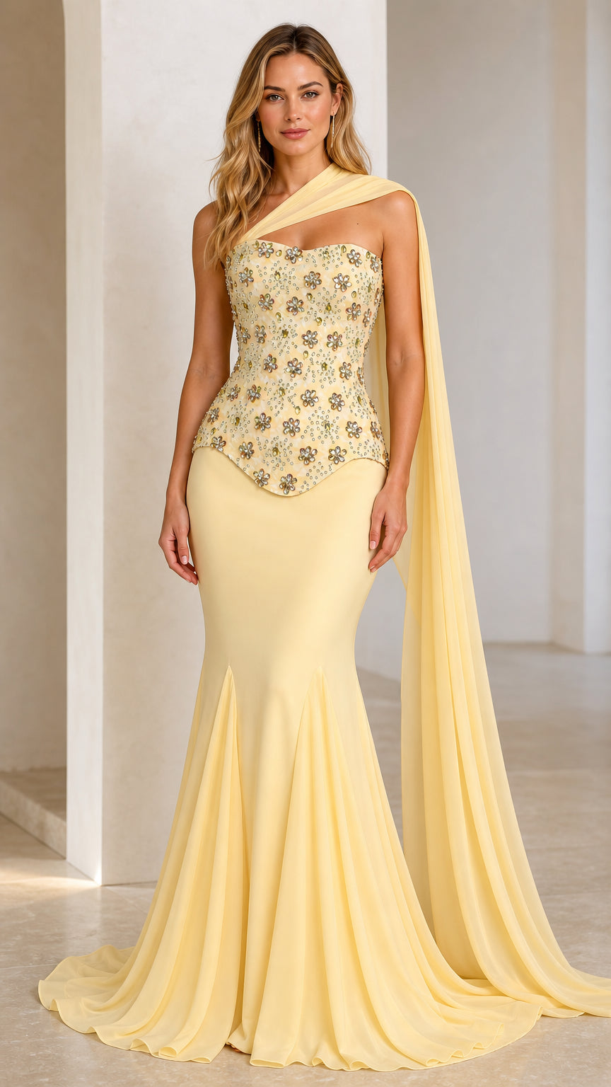 Front view of yellow one-shoulder beaded peplum evening dress