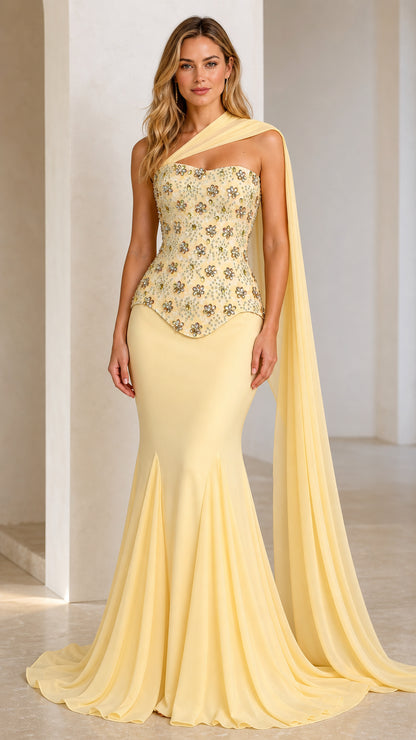 Front view of yellow one-shoulder beaded peplum evening dress