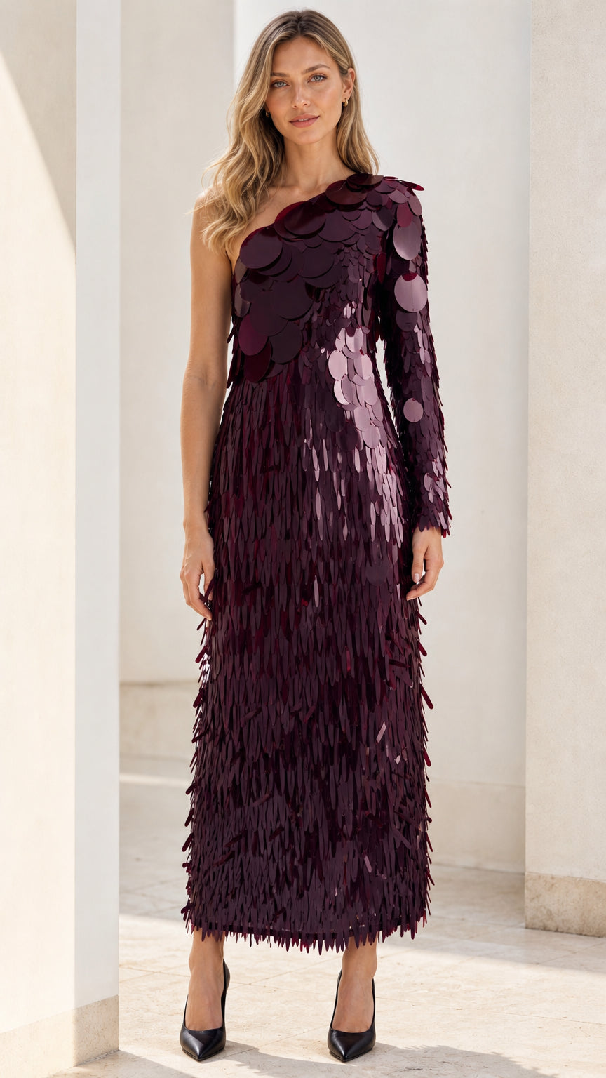 Front view of burgundy one-shoulder sequin fringe maxi dress