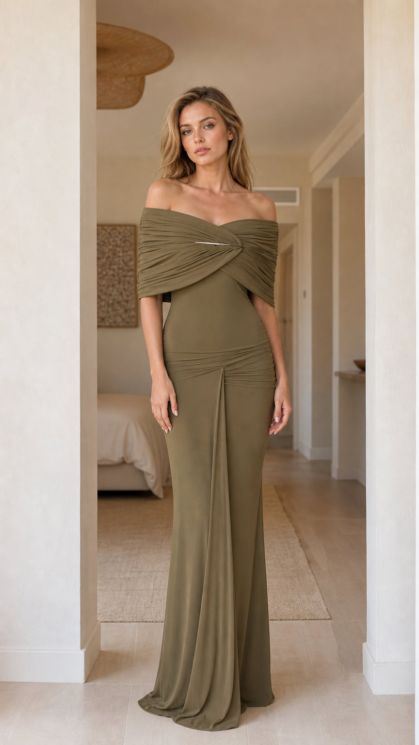 Front view of olive off-shoulder draped maxi dress