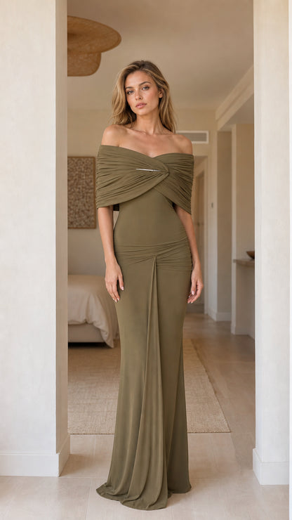 Front view of olive off-shoulder draped maxi dress