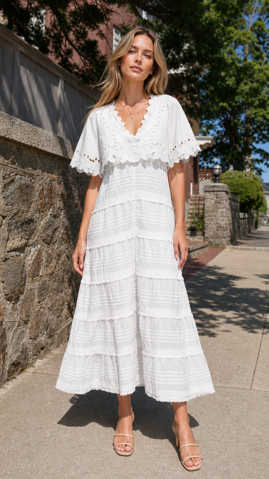 Front view of woman wearing white V-neck eyelet lace maxi dress