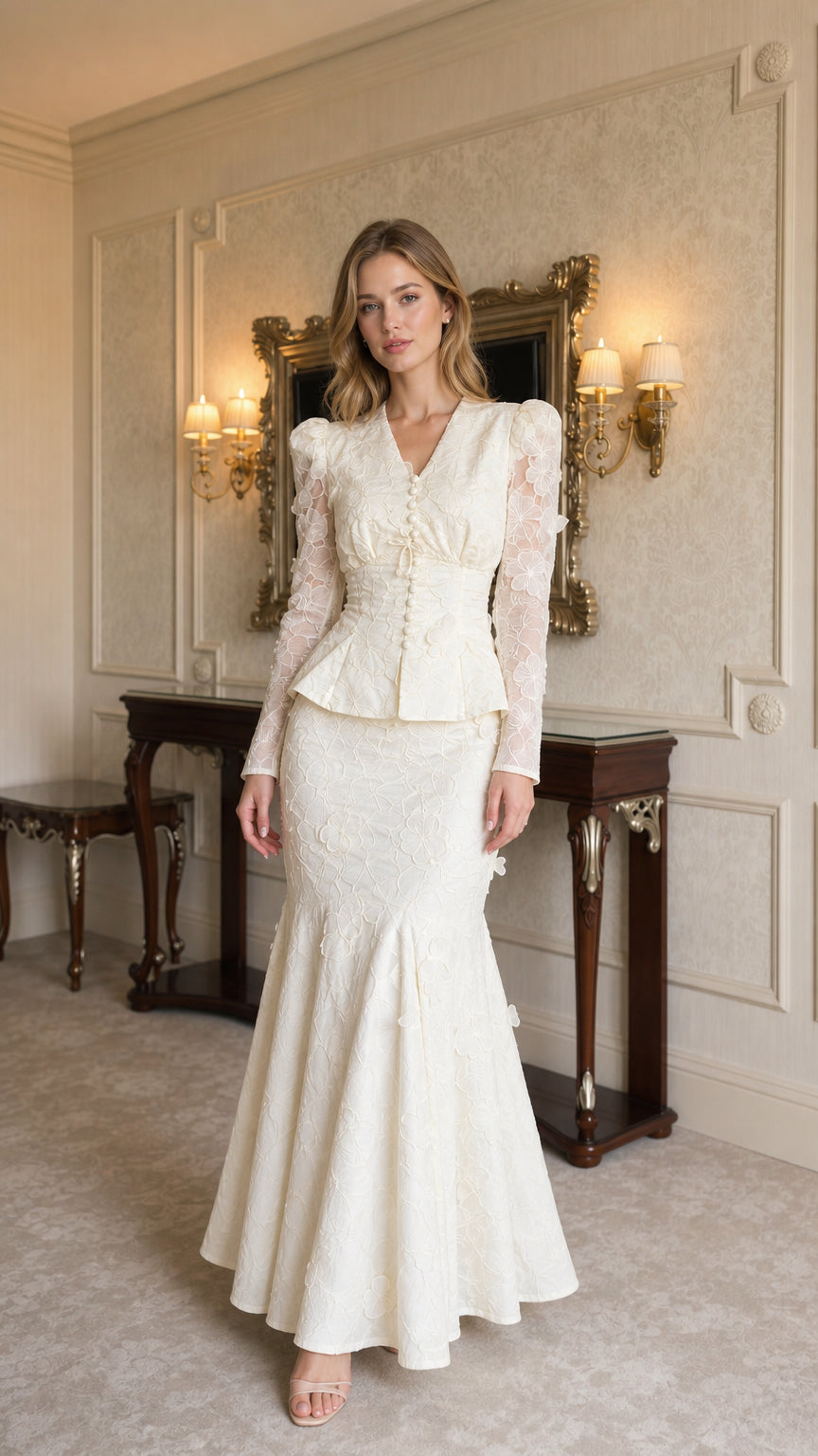 Model wearing ivory lace peplum top and matching mermaid maxi skirt, front view