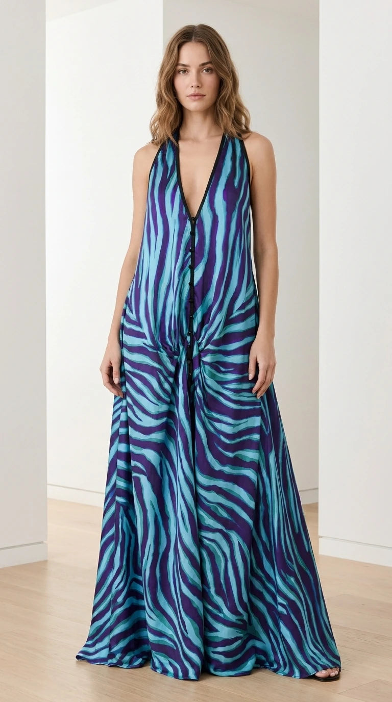 Front view of woman wearing blue zebra print halter maxi dress