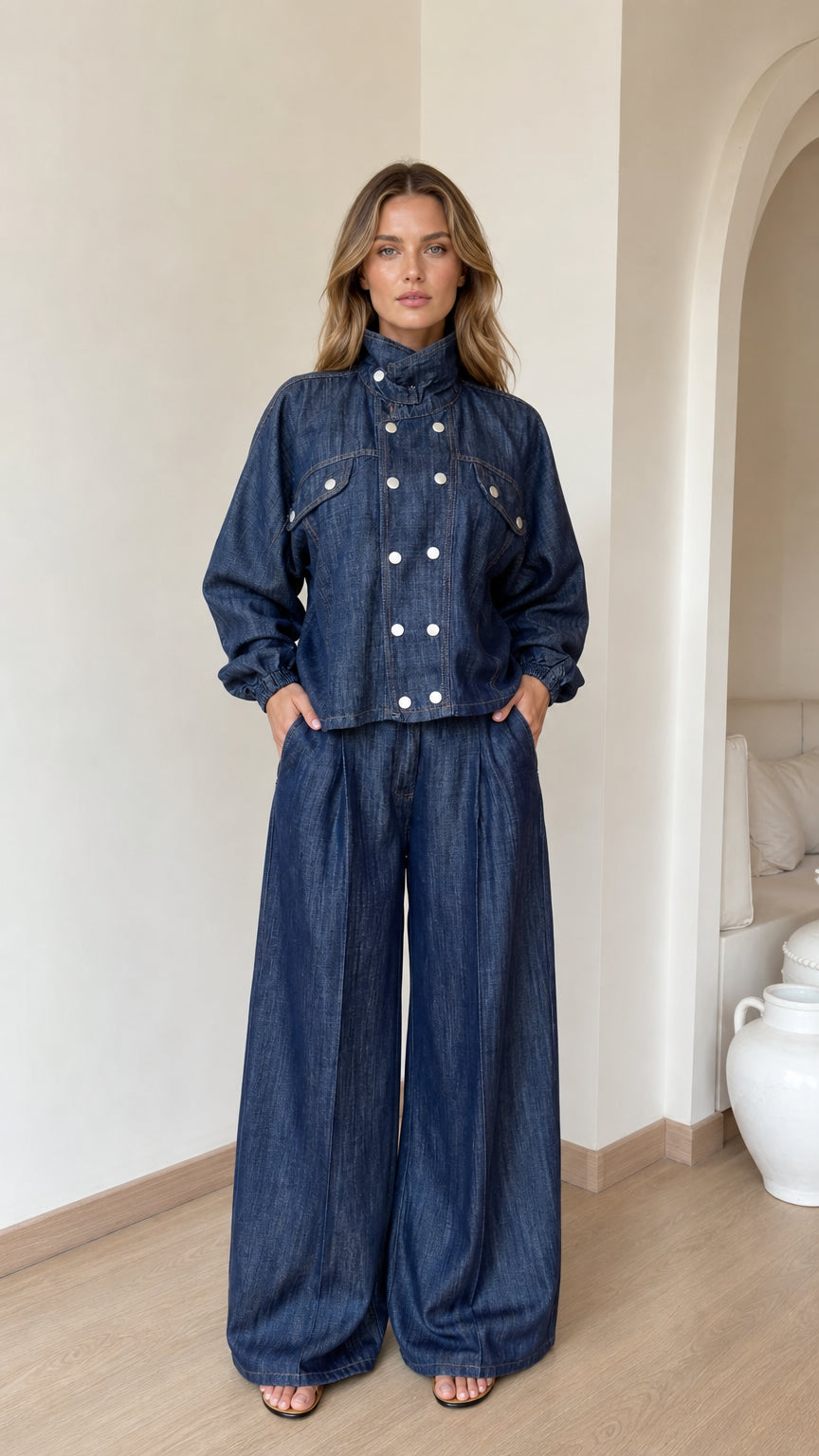 Front view of model wearing dark denim double-breasted jacket and wide-leg pants set
