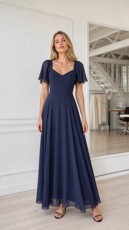 Front view of woman wearing navy chiffon sweetheart maxi dress