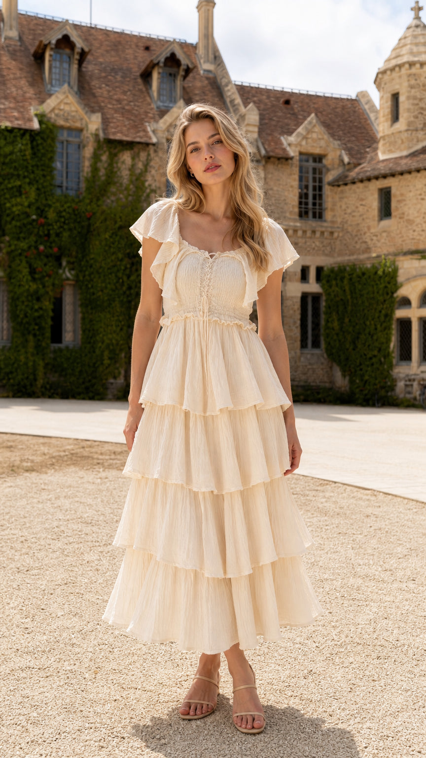 Front full view of cream boho ruffle tiered midi dress
