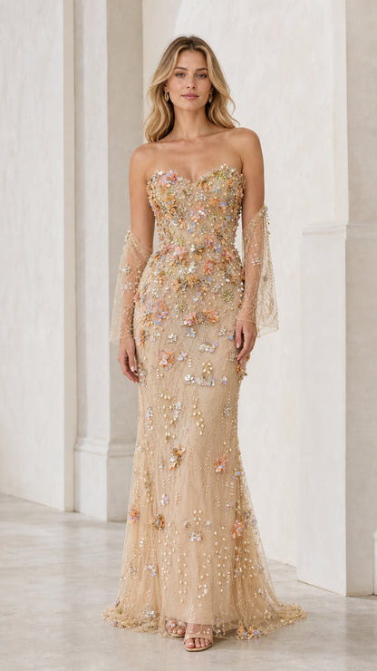 Front view of champagne strapless evening dress with floral appliqués