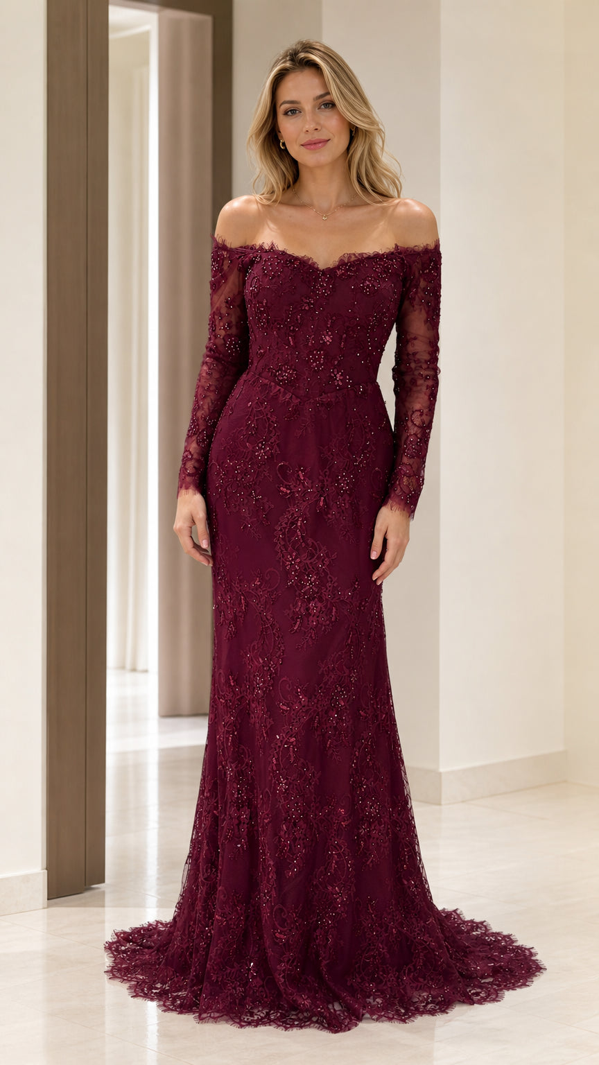 Front view of burgundy off-shoulder lace evening dress
