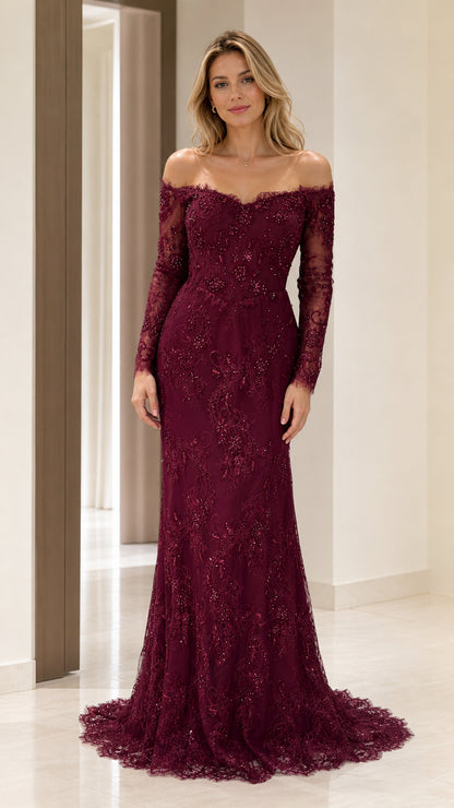 Front view of burgundy off-shoulder lace evening dress
