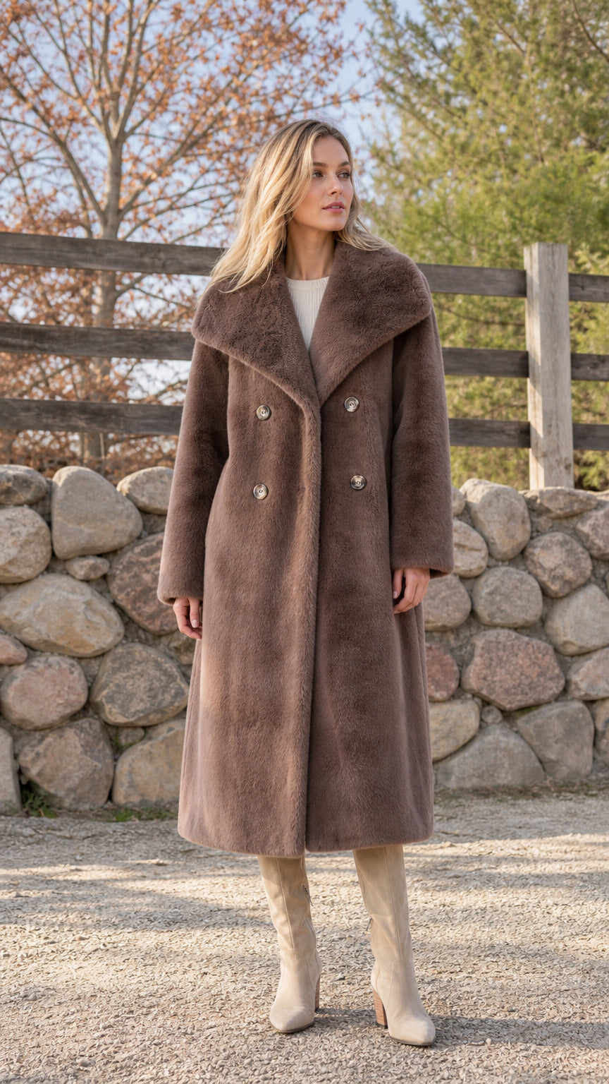 Front view of woman wearing brown faux fur long coat