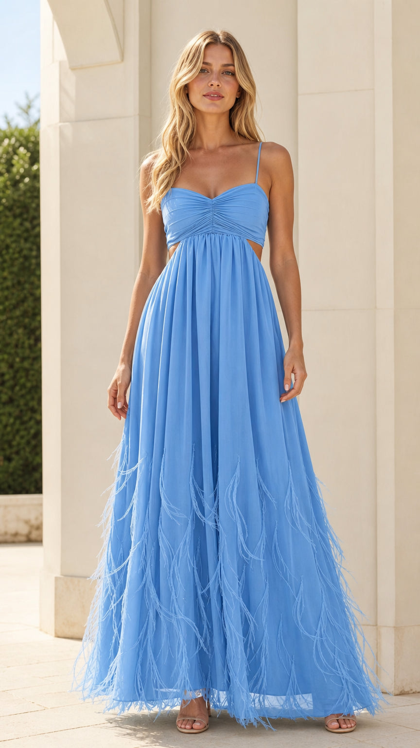 Model wearing blue feather trim cutout maxi dress from the front