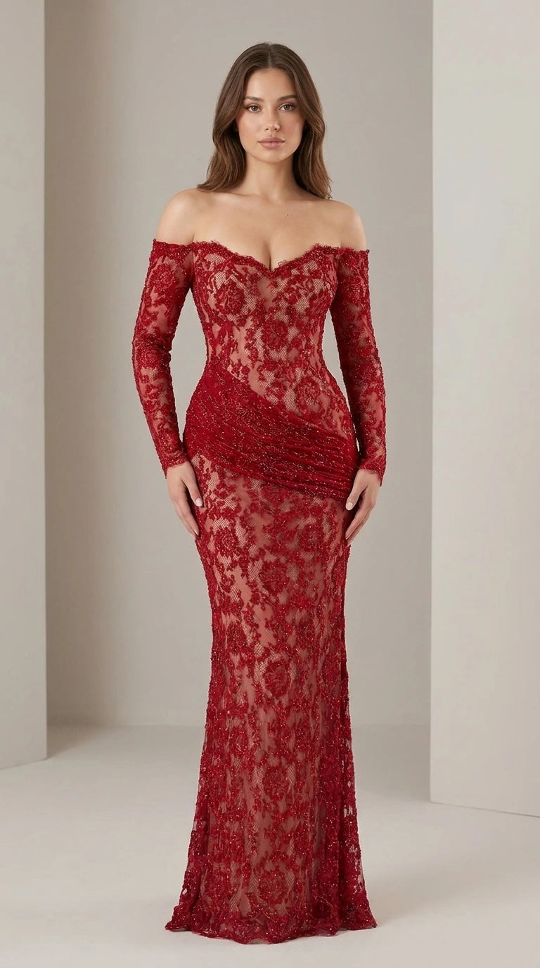 Off-Shoulder Long Sleeve Lace Evening Gown in Red front view