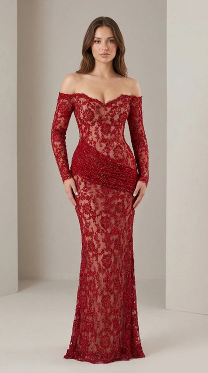 Off-Shoulder Long Sleeve Lace Evening Gown in Red front view