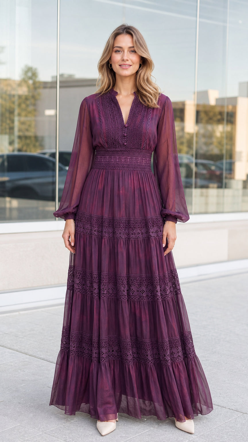 Front full-length view of woman wearing plum lace trim tiered maxi dress