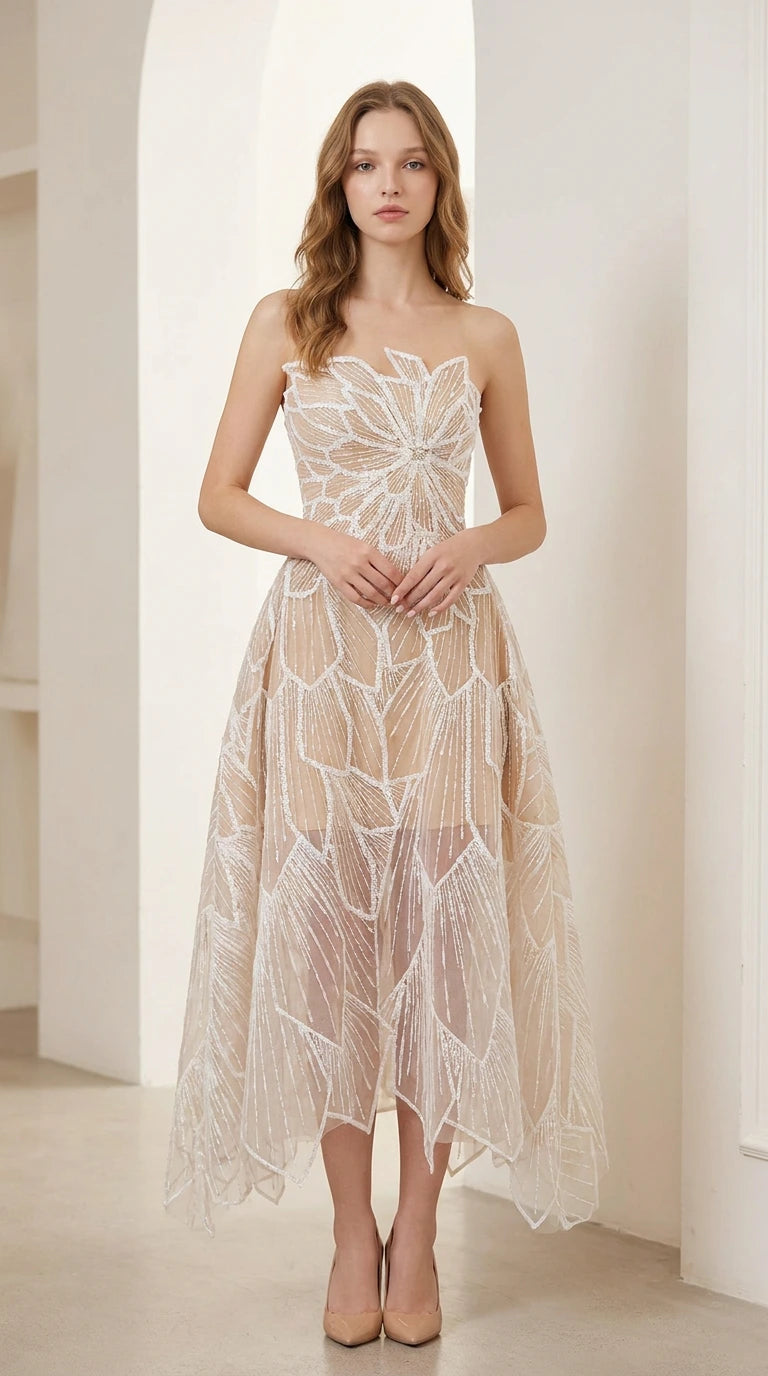 Front view of woman wearing strapless champagne beaded leaf embroidered midi dress