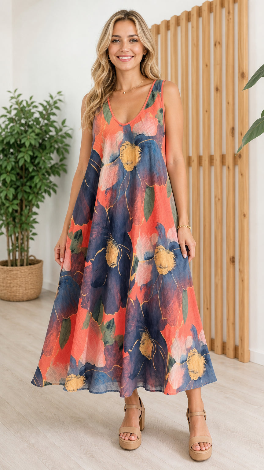 Front view of woman wearing orange floral maxi dress