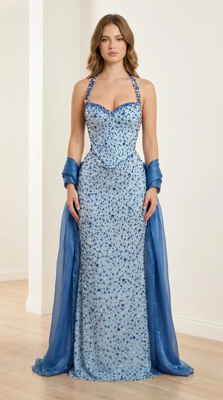 Front view of light blue embellished halter evening gown with wrap
