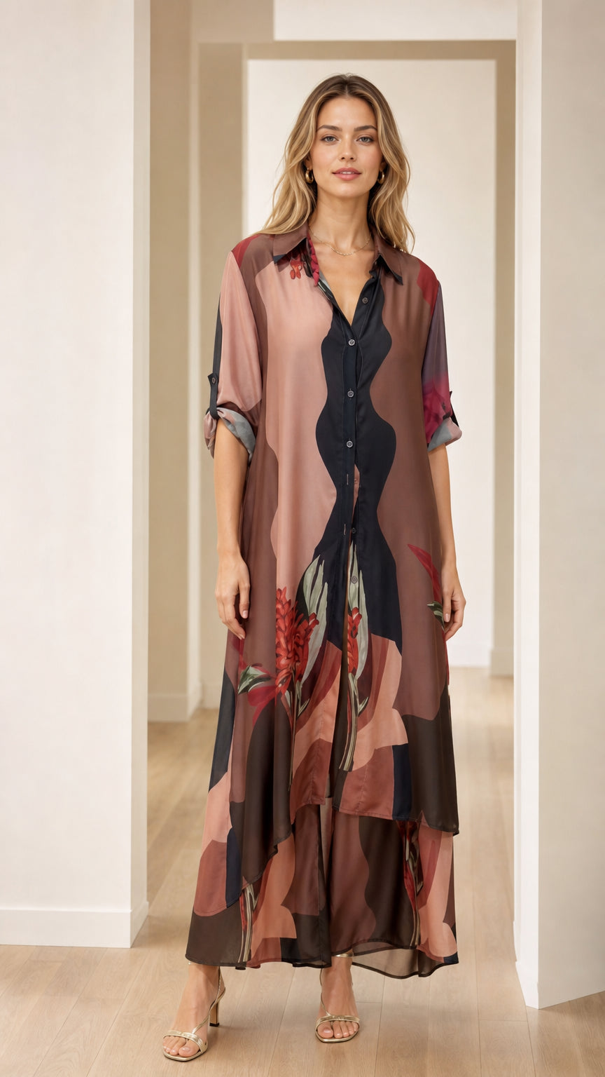 Front view of model wearing brown abstract floral maxi shirt dress
