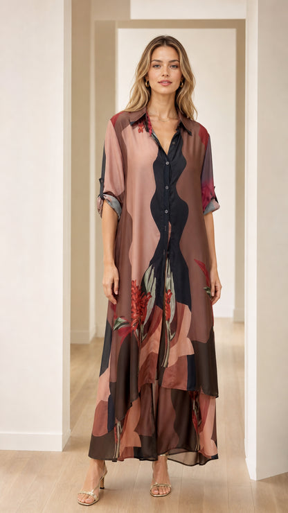 Front view of model wearing brown abstract floral maxi shirt dress