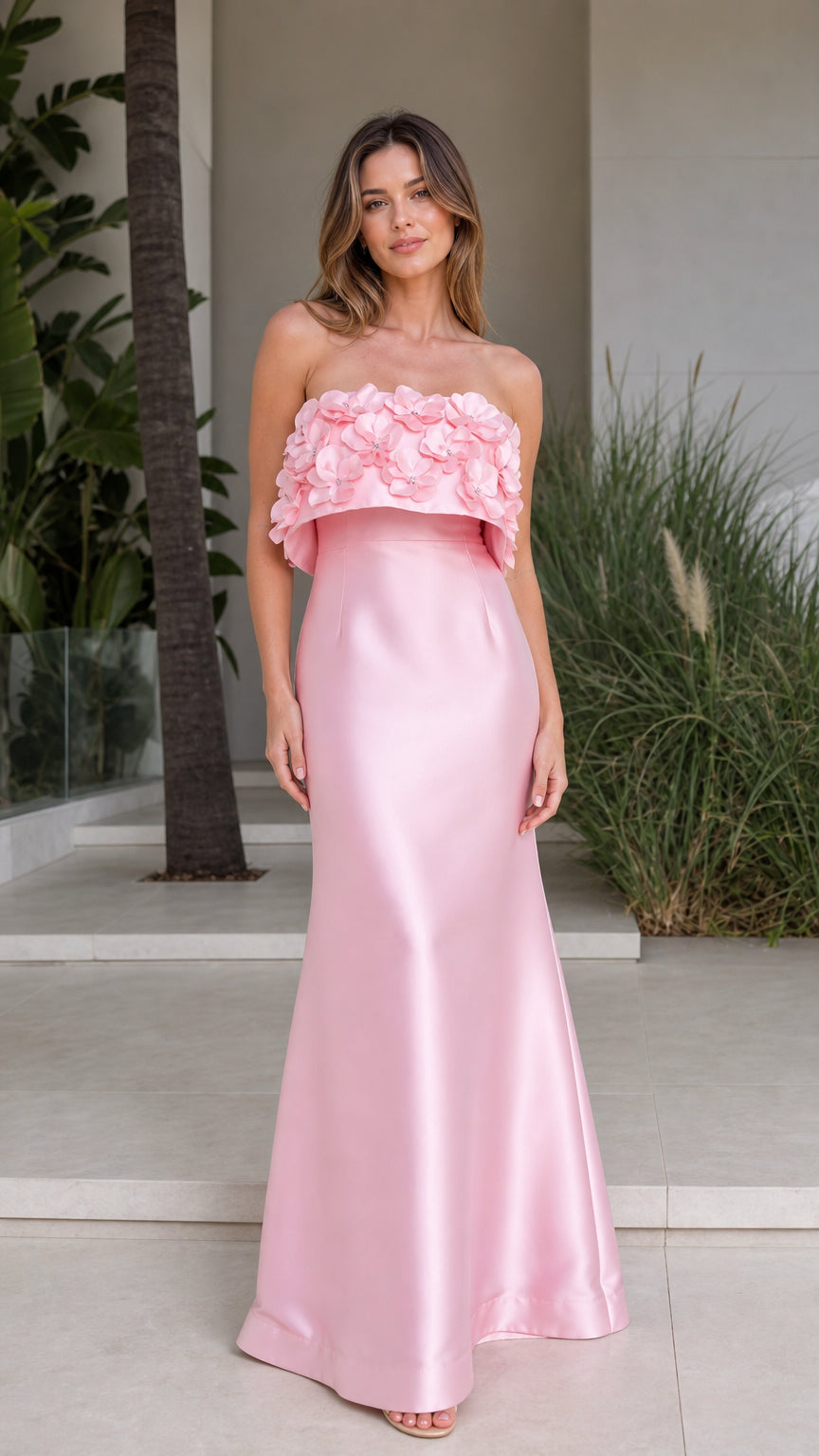 Front view of pink 3D floral strapless mermaid evening dress