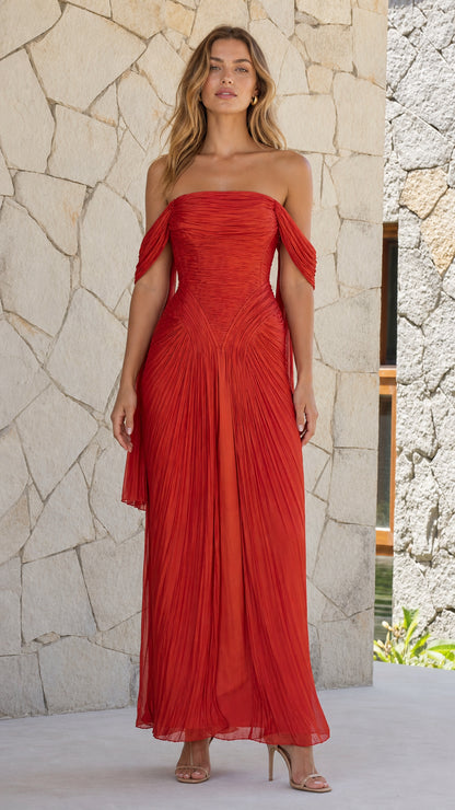 Front view of red off-shoulder pleated maxi dress