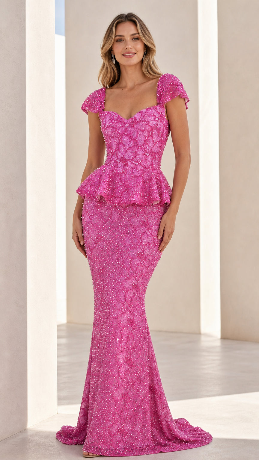 Front view of hot pink embellished sweetheart peplum mermaid evening gown
