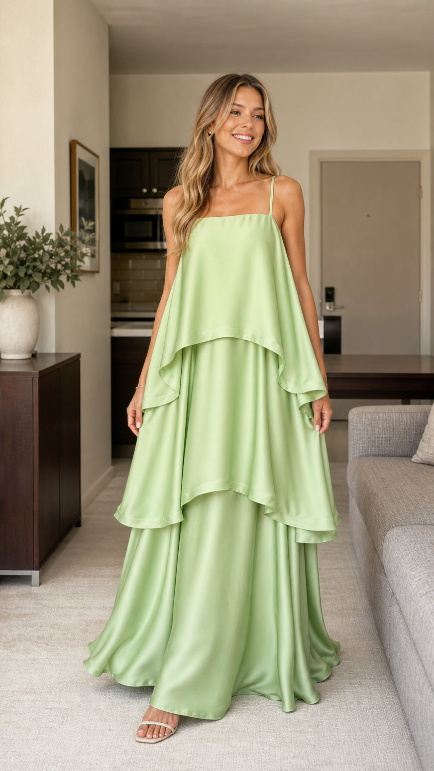 Front view of model wearing sage green tiered satin maxi dress