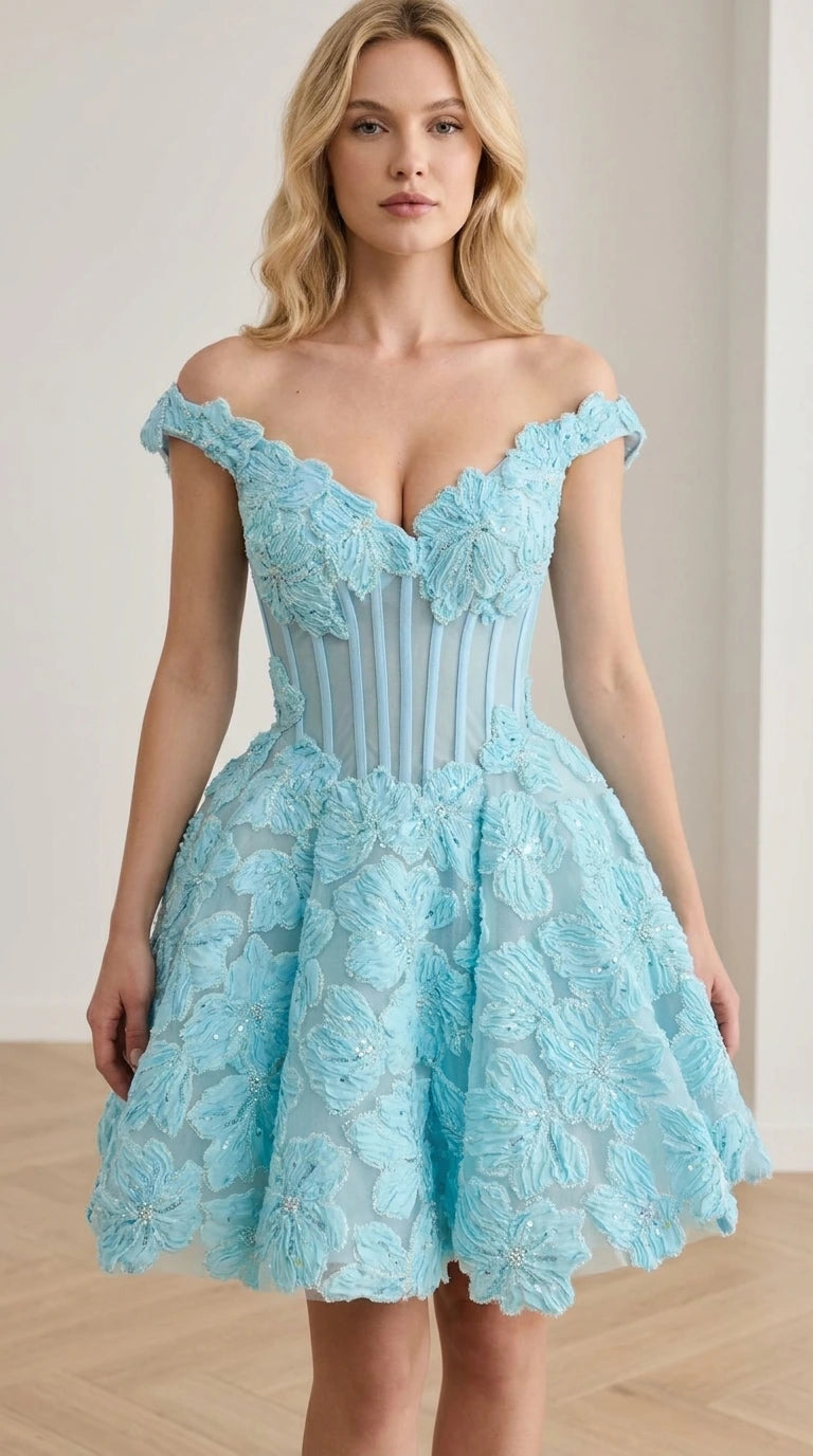 Front view of model wearing Light Blue off-the-shoulder 3D floral corset mini dress