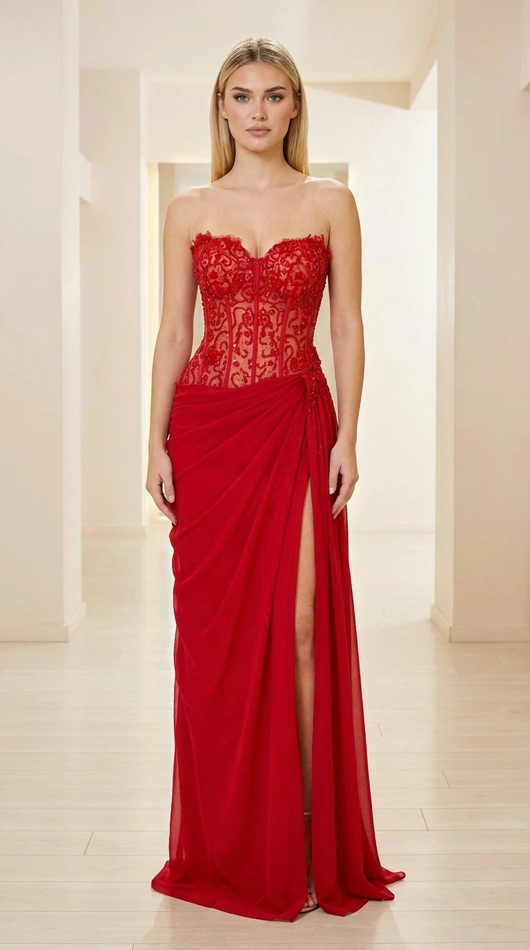 Front view of red strapless corset evening gown with high slit