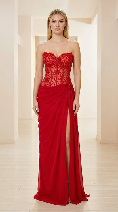 Front view of red strapless corset evening gown with high slit