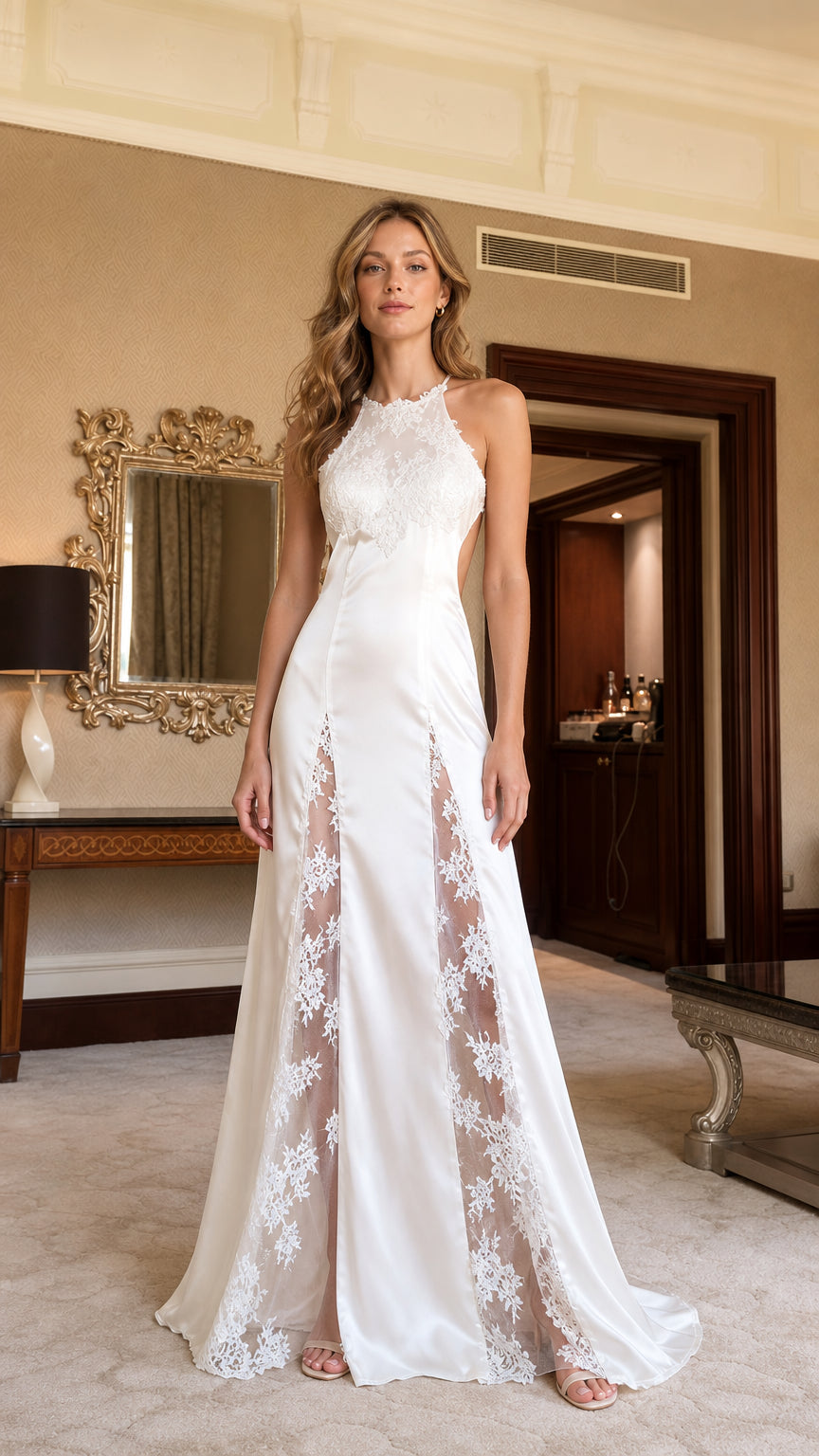 Front view of the white halter neck lace panel maxi dress