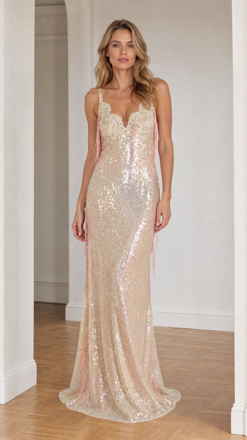 Front view of model wearing champagne sequin evening dress