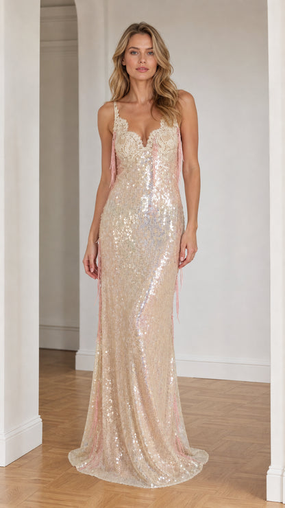 Front view of model wearing champagne sequin evening dress