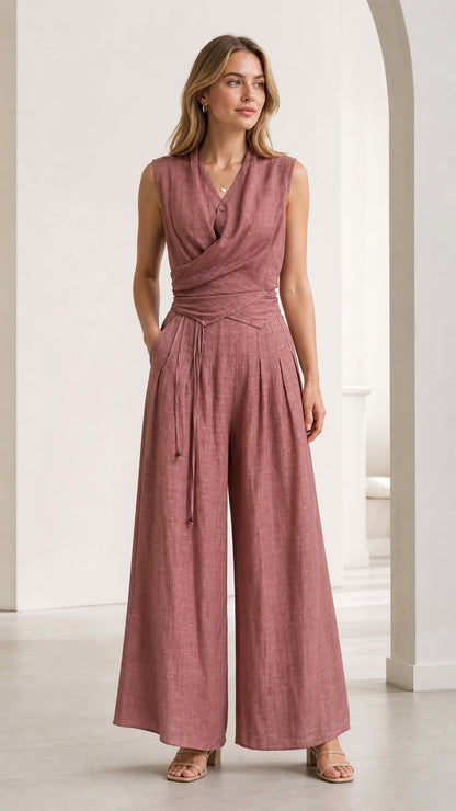 Front view of woman wearing Dusty Rose sleeveless wrap front wide-leg jumpsuit