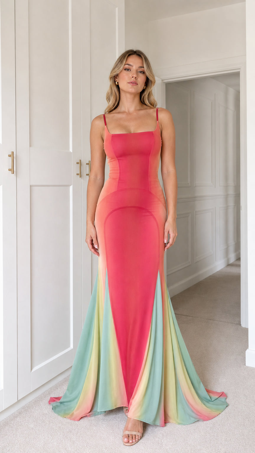 Front view of red lace-up back mermaid maxi dress