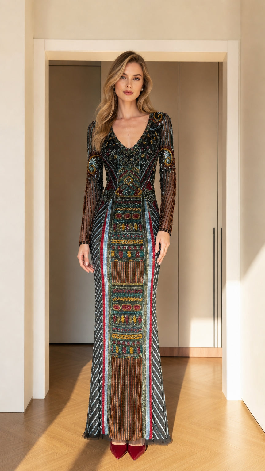 Front view of black multicolor geometric beaded long-sleeve evening gown