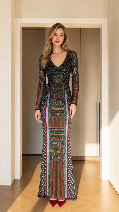Front view of black multicolor geometric beaded long-sleeve evening gown