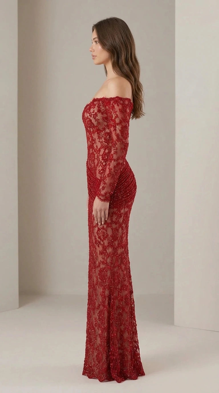 Off-Shoulder Long Sleeve Lace Evening Gown in Red side profile view