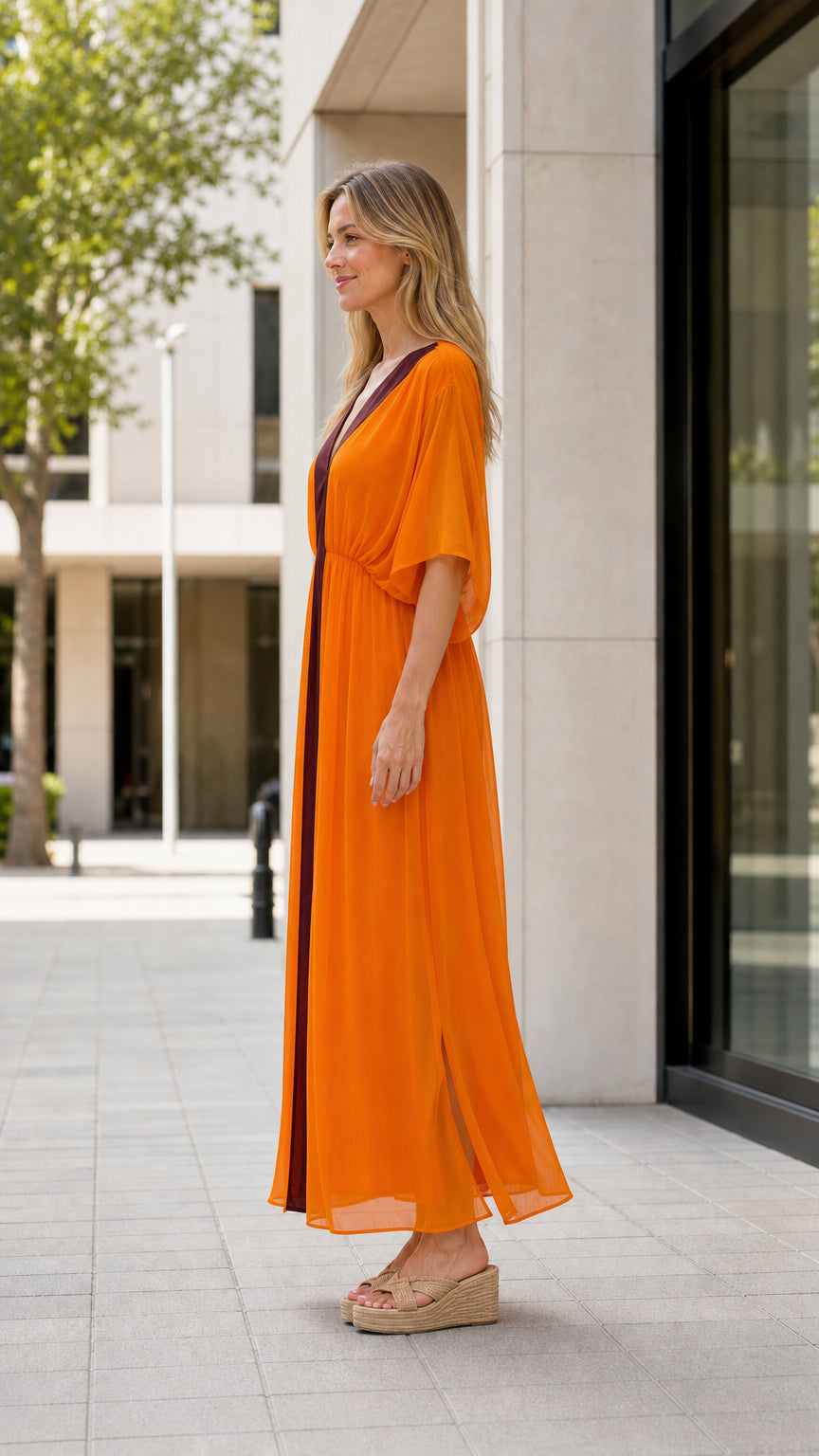 Side view of model wearing orange maxi kaftan dress