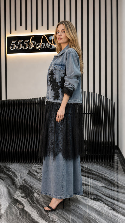 Side profile of model in blue denim lace-trimmed jacket and pants set