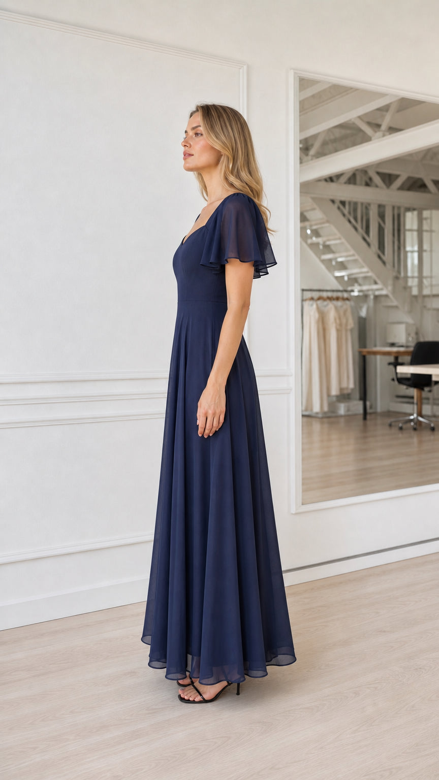Side profile view of navy flutter sleeve maxi dress