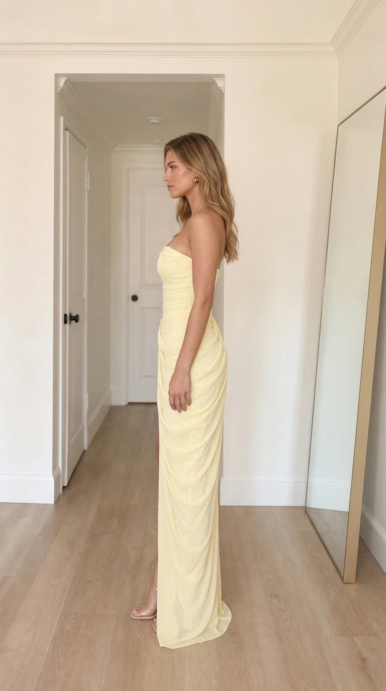 Side profile view of model in yellow strapless dress
