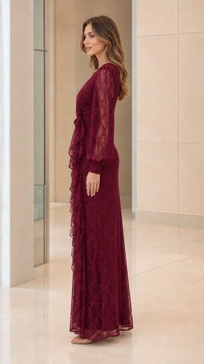 Side profile of burgundy lace formal gown