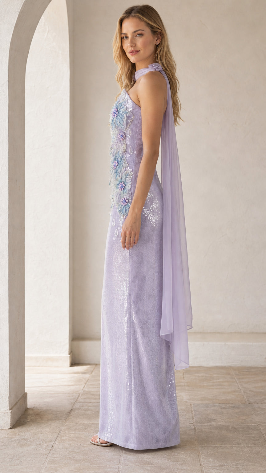 Lavender evening gown side profile view showing drape