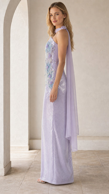 Lavender evening gown side profile view showing drape