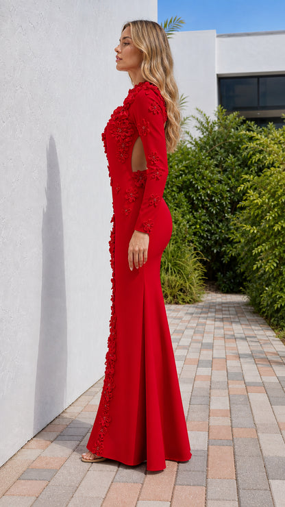 Side profile of model in red mermaid formal gown
