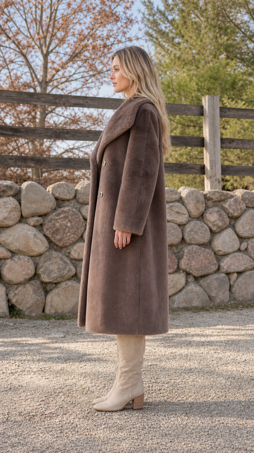 Side profile of woman in brown faux fur coat and boots