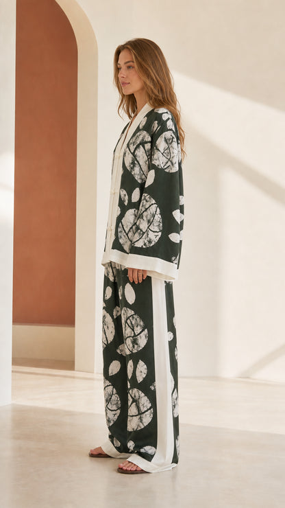 Side profile of woman wearing Forest Green printed lounge set